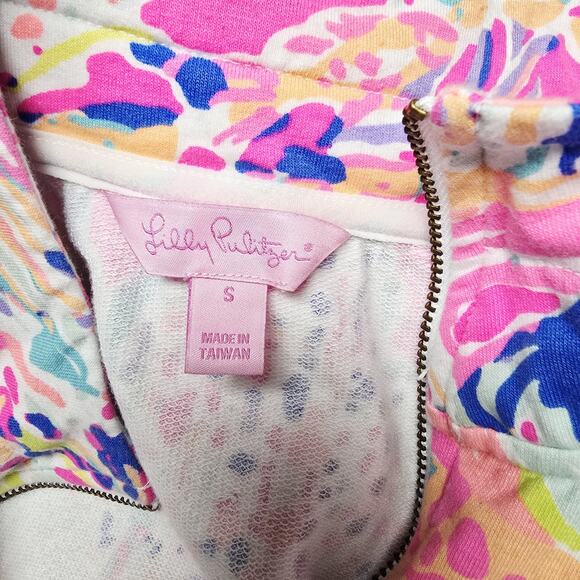 Lilly Pulitzer Skipper Popover Size S Caught Up Fish Coral 1/2 Zip Pocket Prepp - Picture 6 of 10